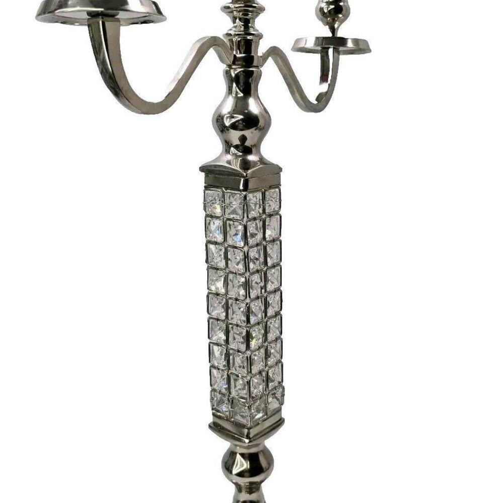3 Arm Silver Finish Candelabra Wedding Centerpieces Candle Holder Crystal Beaded